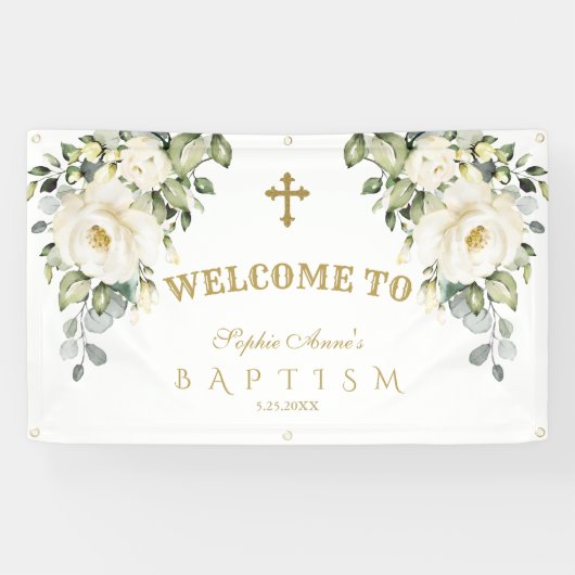 Banderoles Affiche de bienvenue de Baptême Or Floral Blanc Dé (Horizontal)