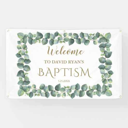 Banderoles Affiche de bienvenue moderne Eucalyptus Boy Baptis (Horizontal)