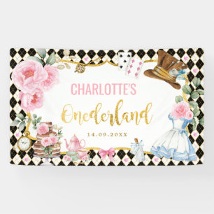 Banderoles Alice florale rose dans l'Onederland 1er anniversa
