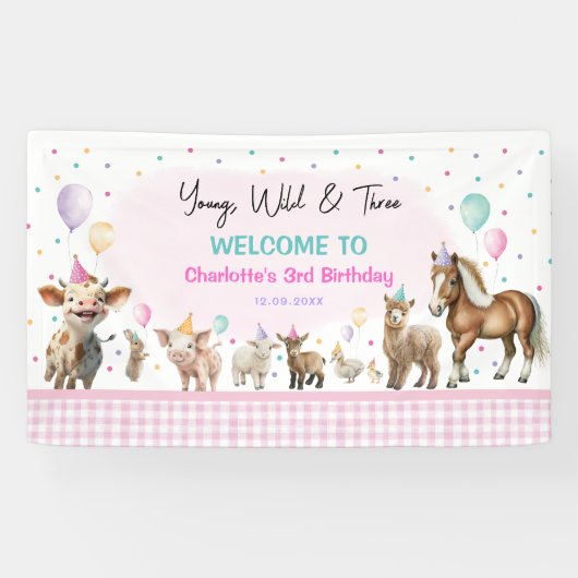 Banderoles Animaux de ferme pour filles | Young Wild & Three (Horizontal)