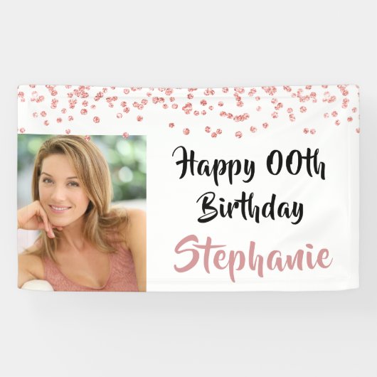 Banderoles Année Anniversaire Rose Gold Confetti Script Photo (Horizontal)