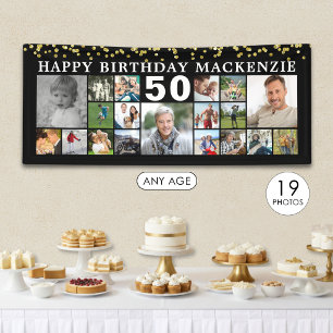 Banderoles Anniversaire 19 Collage Photo Confettis Noir Or
