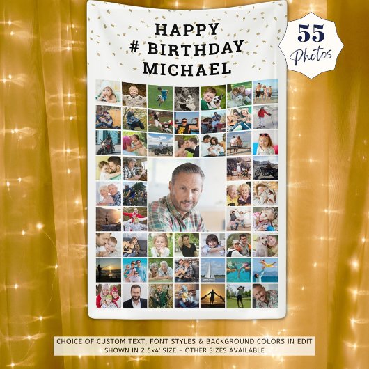 Banderoles Anniversaire 55 Photo Collage Gold Confetti