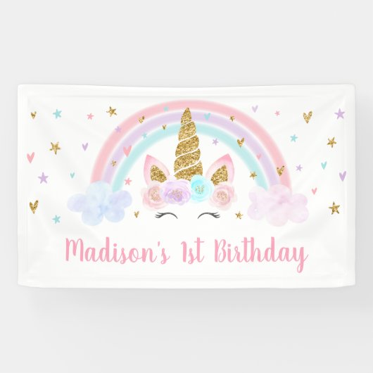 Banderoles Anniversaire de l'Unicorn Rainbow Pink Gold (Horizontal)