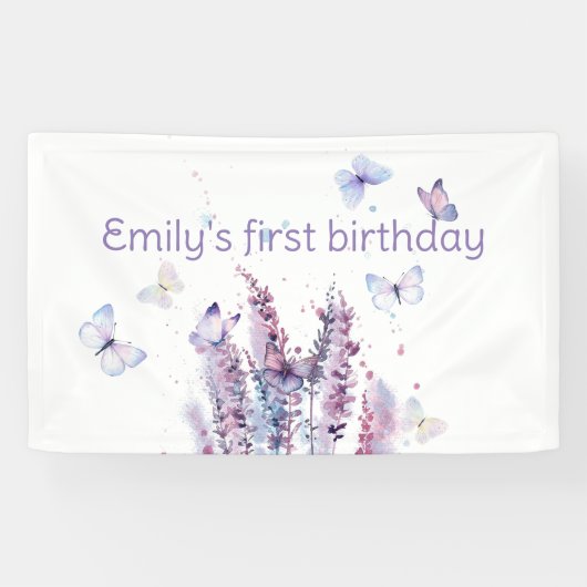 Banderoles Anniversaire de papillon rose violet (Horizontal)