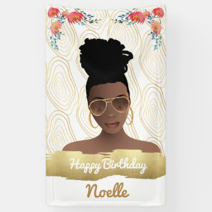 Banderoles Anniversaire, Femme Noire, Fleurs Whimsical Or