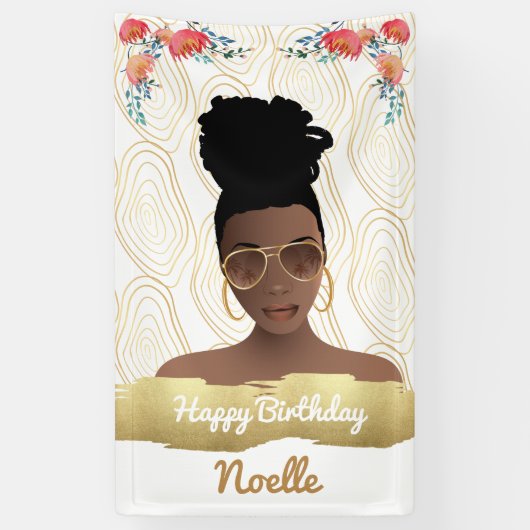 Banderoles Anniversaire, Femme Noire, Fleurs Whimsical Or (Vertical)