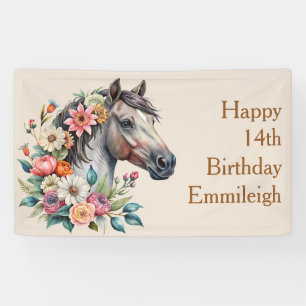 Banderoles Anniversaire Fille Adolescente Cheval Floral Gris