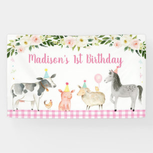 Banderoles Anniversaire floral d'animaux de ferme roses