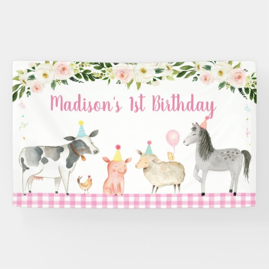 Banderoles Anniversaire floral d'animaux de ferme roses (Horizontal)