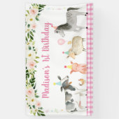 Banderoles Anniversaire floral d'animaux de ferme roses (Vertical)
