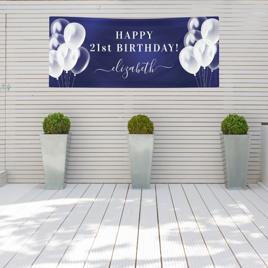 Banderoles Anniversaire marine bleu blanc ballons nom script