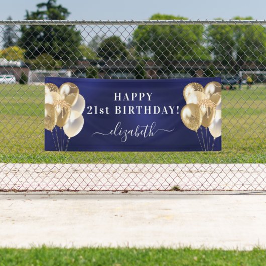 Banderoles Anniversaire marine bleu or ballons nom script (En situation)