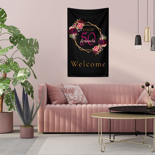 Banderoles Anniversaire noir fleurons géométriques or bordeau