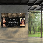 Banderoles Anniversaire noir photo or parties scintillant ami<br><div class="desc">Une bannière pour une fête d'anniversaire girly et glamour pour deux filles, des femmes. Un arrière - plan noir chic avec de la poussière de parties scintillant en faux or. Ajoutez vos propres 2 photos des filles d'anniversaire. Texte : Joyeux anniversaire. Le mot Anniversaire et les noms sont écrits avec...</div>