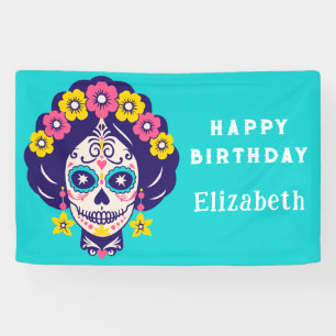 Banderoles Anniversaire Personnalisé Crâne de Sucre Floral Lu