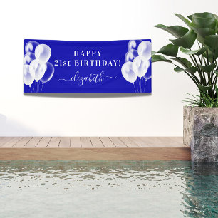 Banderoles Anniversaire royal bleu blanc ballons nom script