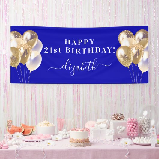 Banderoles Anniversaire royal bleu or ballons nom script (Fête)