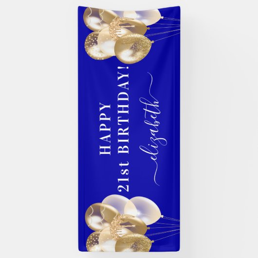 Banderoles Anniversaire royal bleu or ballons nom script (Vertical)