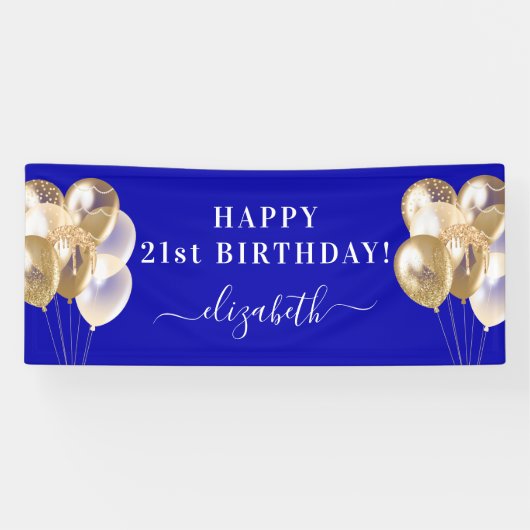 Banderoles Anniversaire royal bleu or ballons nom script (Horizontal)