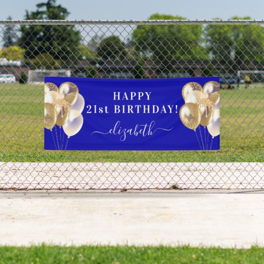 Banderoles Anniversaire royal bleu or ballons nom script (En situation)