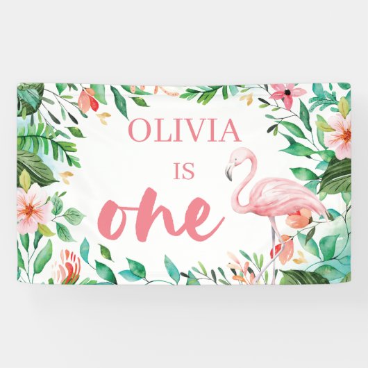 Banderoles Anniversaire tropical de 1 an luau flamants roses (Horizontal)