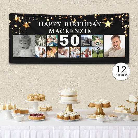 Banderoles Any Birthday 12 Photo Collage Gold Stars Black