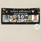 Banderoles Any Birthday 12 Photo Collage Gold Stars Black