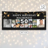 Banderoles Any Birthday 12 Photo Collage Gold Stars Black