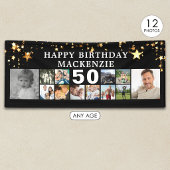 Banderoles Any Birthday 12 Photo Collage Gold Stars Black