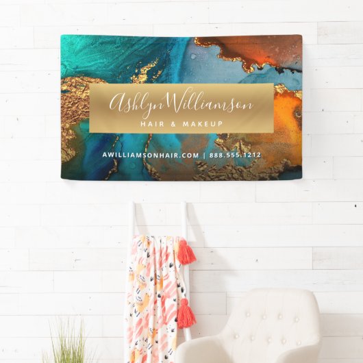 Banderoles Aquarelle agate moderne or turquoise salon de chev (En situation)