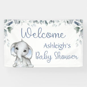 Banderoles Aquarelle baby shower Eléphant Bleu botanique
