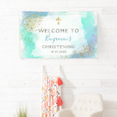 Banderoles Aquarelle Bleu Et Or Christine  (En situation)