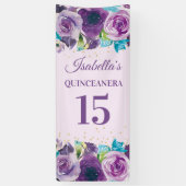 Banderoles Aquarelle bleu pourpre Floral Quinceañera (Vertical)
