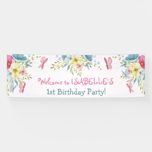 Banderoles Aquarelle bleu rose Floraux Papillons Anniversaire