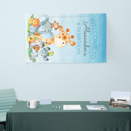 Banderoles Aquarelle Cute Safari Jungle Animaux Anniversaire (Salon professionnel)