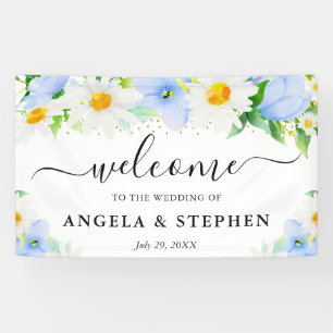 Banderoles Aquarelle Fleurs Bleues Mariage Bienvenue Margueri
