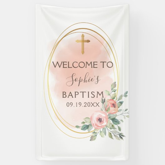 Banderoles Aquarelle Pink And Gold Baptising Bienvenue (Vertical)