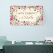 Banderoles Aquarelle rose Floral Joyeux anniversaire (Salon professionnel)