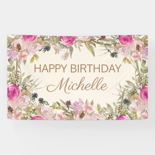Banderoles Aquarelle rose Floral Joyeux anniversaire (Horizontal)