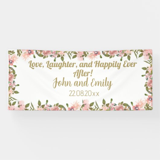 Banderoles Aquarelle rose floral Vert & or mariage (Horizontal)