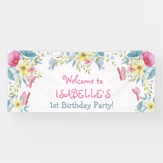 Banderoles Aquarelle rose Flores Anniversaire (Horizontal)