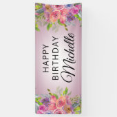 Banderoles Aquarelle rose pourpre Floral Joyeux Anniversaire (Vertical)