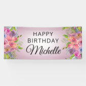 Banderoles Aquarelle rose pourpre Floral Joyeux Anniversaire (Horizontal)