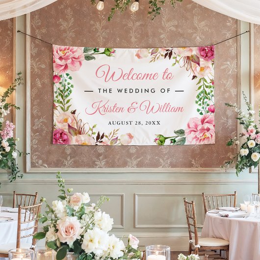 Banderoles Aquarelle rose rose mariage, enveloppée de fleurs