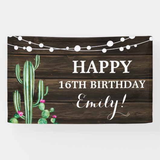 Banderoles Aquarelle rustique Cactus Grange Bois Anniversaire (Horizontal)
