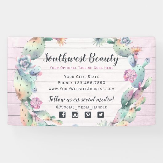 Banderoles Aquarelle Succulente Cactus et bois rustique Bohèm (Horizontal)