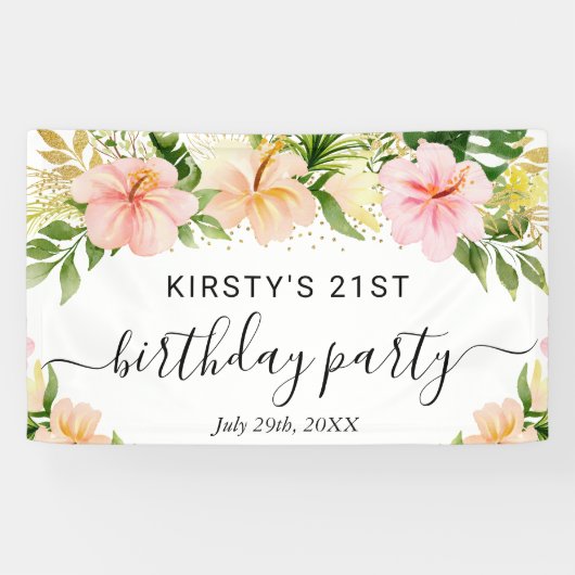 Banderoles Aquarelle Tropical Rose Fleurs Anniversaire (Horizontal)
