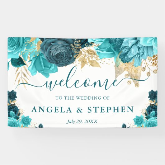 Banderoles Aquarelle Turquoise et Mariage de fleurs d'or (Horizontal)
