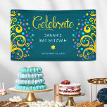 Banderoles Arbre de Vie en or Bat mitzvah Turquoise<br><div class="desc">Soyez fier, réjouissez-vous et présentez cette étape importante de votre Bat mitzvah préféré ! Accrochez cette étonnante bannière moderne, élégante et personnalisée pour ajouter à sa journée spéciale. Sparkly, or, script de calligraphie de faux feuillage, typographie rose clair, et deux abstraits, graphiques, feuilles d'or avec brillamment turquoise, turquoise, violet et...</div>